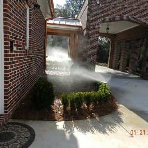 brick house and shrubs