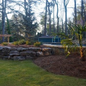 stone wall and green grass