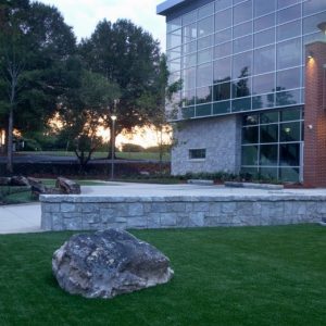 school building with grass and rock