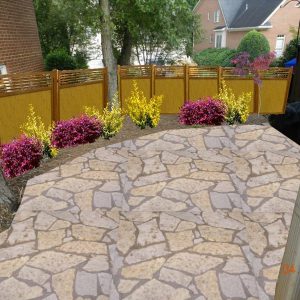 stone patio with shrubs