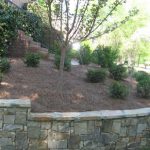 stone retaining wall and shrubs