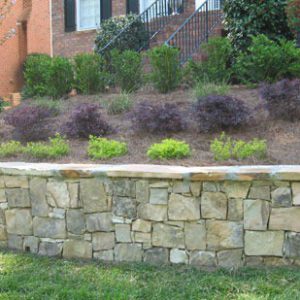 stone retaining wall and shrubs